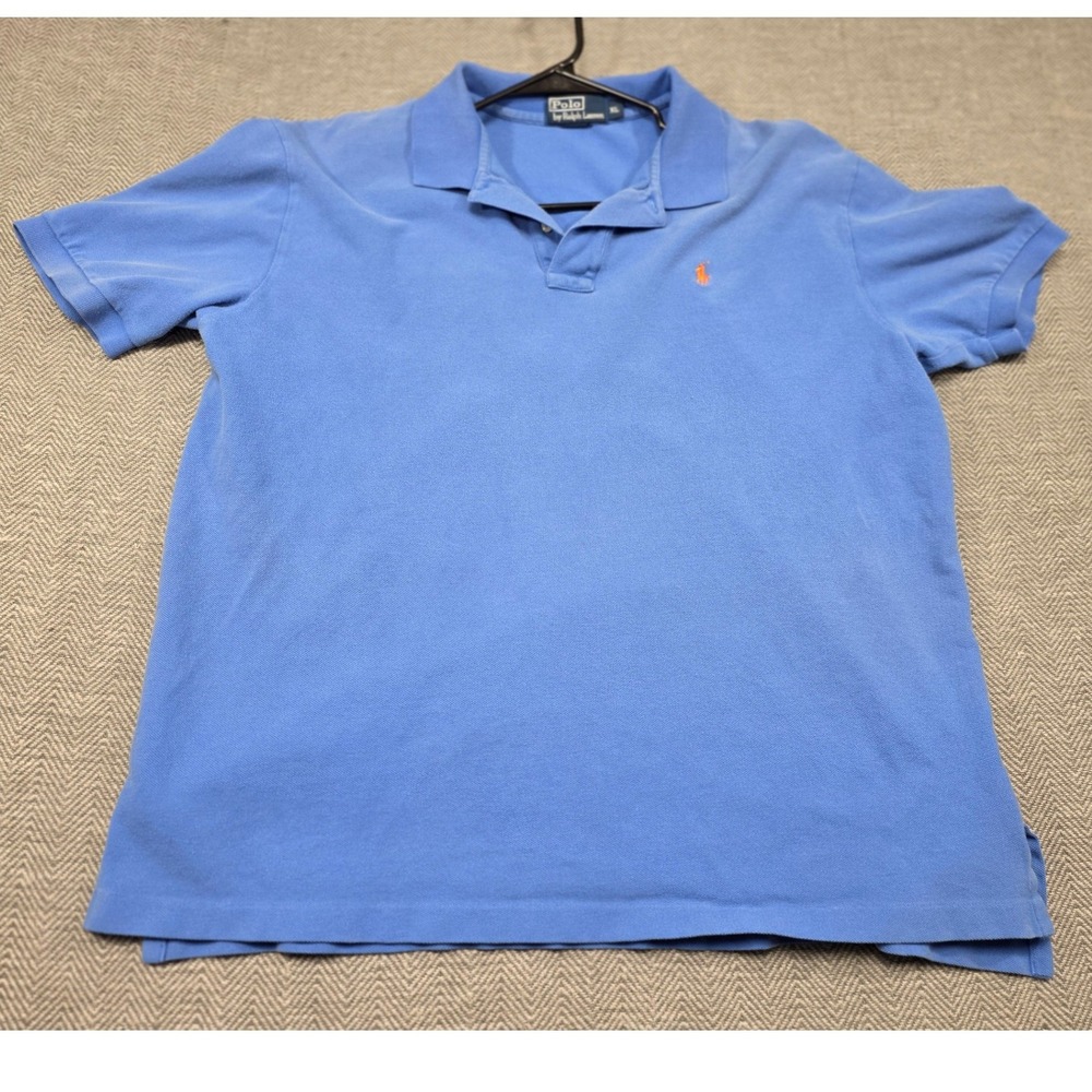 Polo Ralph Lauren Mens XL Blue Pique Cotton Short Sleeve Polo Shirt Orange Pony